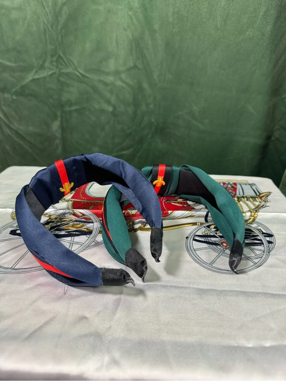 Set of 2 Striped Knot Headbands in Green/Black/Red and Navy/Red